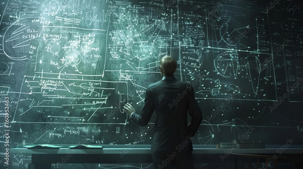 Aufkleber mathematician solving complex equations on a chalkboard, depicting the intellectual pursuit of mathe