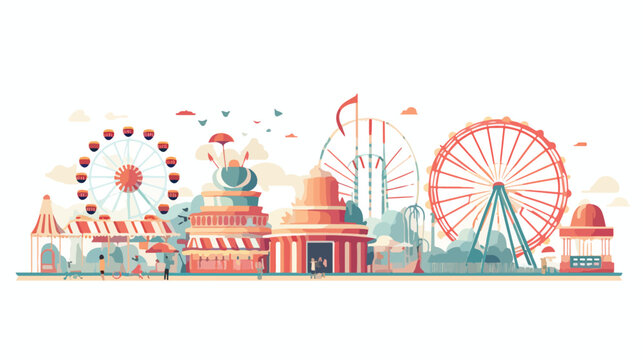 Retro-style beach boardwalk with carnival rides and