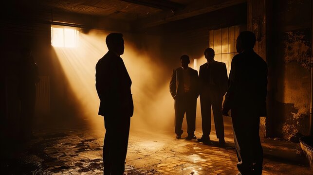 Shadowy mafia meeting in dimly lit old room, plotting next criminal move in city underworld