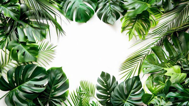 Tropical frame created with exotic jungle plants, including palm leaves and monstera, offering a dedicated space for text, set against a crisp white background