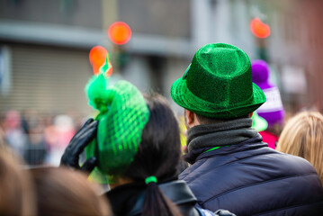 Montreal, Canada - March 17 2024： People celebrating the Saint Patrick`s Day Parade in Montreal...