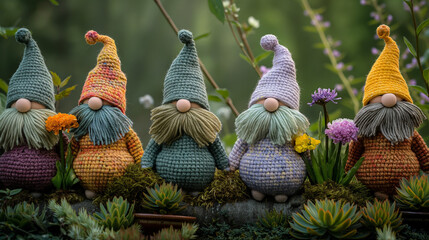 crochet gnomes with pastel colors. Generative AI - obrazy, fototapety, plakaty