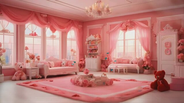 minimalist living room with a pink theme that looks beautiful and very neat in anime style