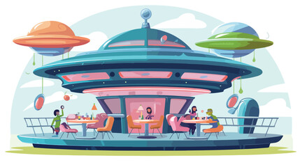 Retro-style space diner with flying saucers and ali - obrazy, fototapety, plakaty