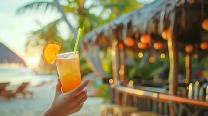 Woman's hand holding cocktail. Beach background