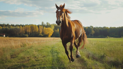A chestnut horse gallops across the spring floor, through huge puddles. Animals concept.