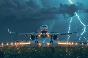 An airplane takes off from the runway in the evening against the background of a stormy sky and lightning from the airport