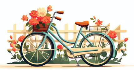 Retro bicycle with basket of flowers parked by a fe
