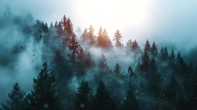 misty pine forest in the mountains, animated virtual repeating seamless 4k	