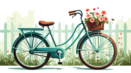 Fototapeta na wymiar Retro bicycle with basket of flowers parked by a fe
