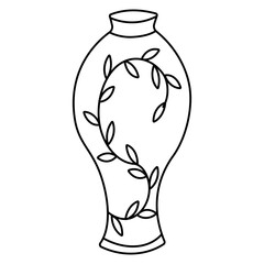 Chinese ceramic traditional Vase with paintings of threads and leaves. Icon element line, doodle, coloring . Simple symbol isolated on white background. Hand drawn vector illustration.