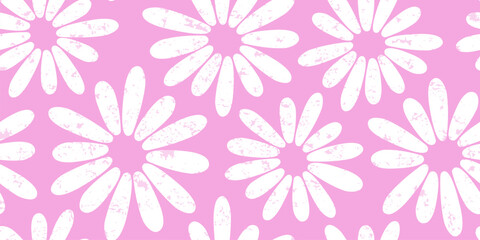 Groovy flower seamless pattern, spring floral background, grunge chamomile vector print, cute summer daisy pastel pink textile. Abstract naive illustration
