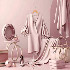 fashionable female clothes against dust pale pink background. conceptual digital artwork for branding and marketing fashion brands. Ai generated - 760955610