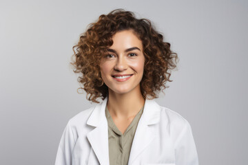 Confident Young Female Doctor in White Coat, Smiling Happily, Standing in a Studio with a Clinical Background