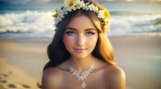 花の冠を身に着けた青い目の美しい女性