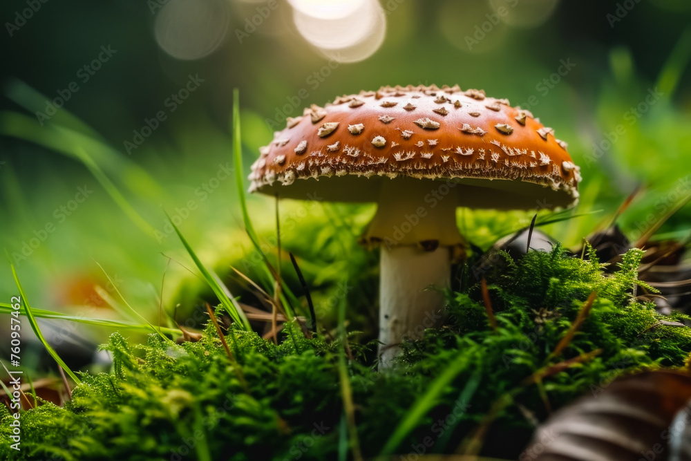 Poster fly agaric in the forest. background with selective focus and copy space
