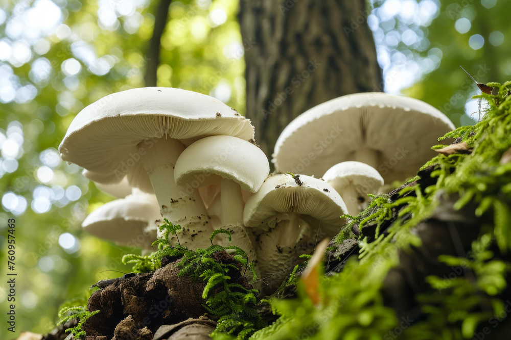 Poster mushrooms in the forest. background with selective focus and copy space