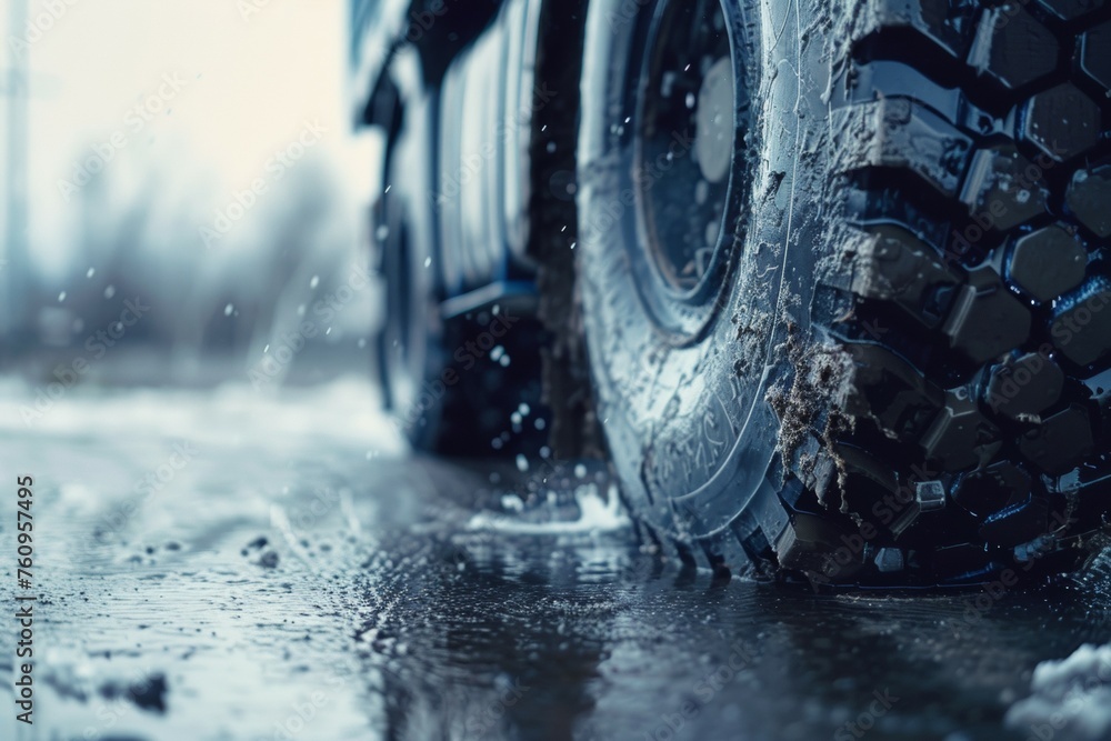 Canvas Prints A truck tire is covered in mud and water