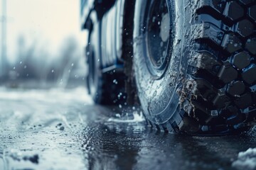 A truck tire is covered in mud and water - obrazy, fototapety, plakaty