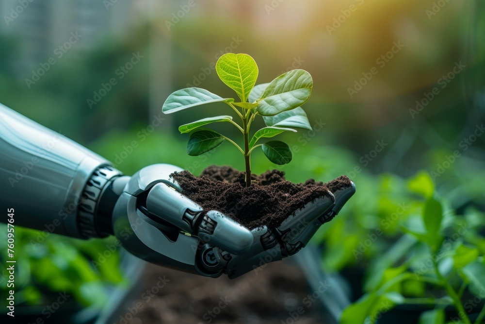 Poster a robot hand works on a modern farm. background with selective focus and copy space