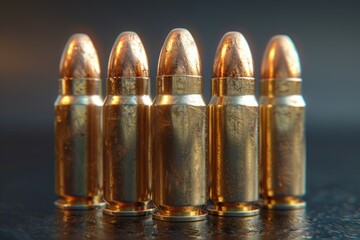 A row of five gold colored bullets are lined up on a table