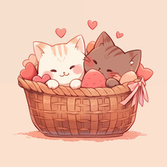 Two cats are in a basket with hearts and a pink background