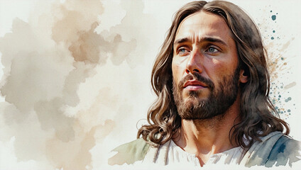 A stunning watercolor portrait of Jesus Christ, with soft, ethereal brushstrokes and a peaceful expression. With copy space. - obrazy, fototapety, plakaty