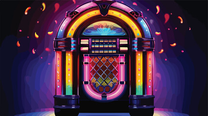 Retro jukebox with glowing lights and music notes i - obrazy, fototapety, plakaty