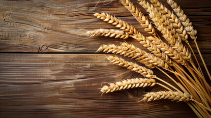 Close-up of a bunch of ripe wheat on a wooden dark background. View from above. Free space for text. Agriculture concept, food.