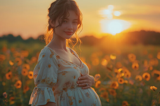 Close-up of pregnant woman with hands on her belly on sea background. Silhouette of pregnant woman in white dress in sunlight of sunset. Concept of pregnancy, maternity, expectation for baby birth.