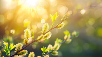 Fluffy willow branches bloom in the sunlight. Willow branches. Spring aspect. Concept of nature, growth.