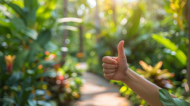 Thumbs up sign. Woman's hand shows like gesture. Botanical garden background