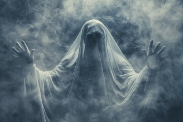 A ghostly figure is shown in a white veil, with its hands raised in the air