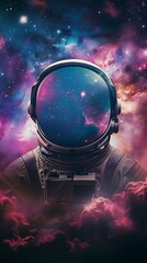 Astronaut's mirrored helmet captures the breathtaking splendor of cosmic clouds and radiant galaxies, creating an otherworldly space wallpaper.