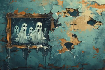 A painting of four ghosts in a window frame