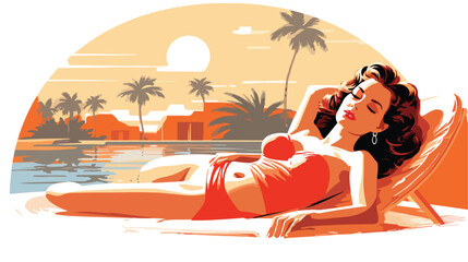 Retro pin-up girl lounging by a pool. flat vector i
