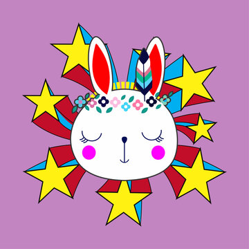 T-shirt design of the head of an Easter bunny surrounded by stars on a violet background.
