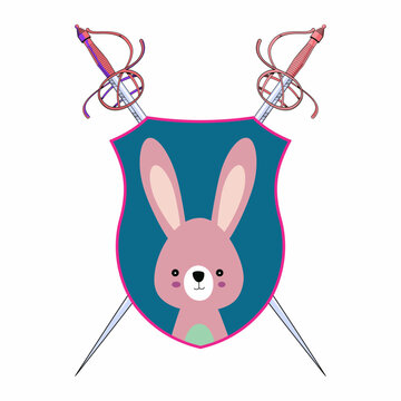 T-shirt design of a coat of arms with a pink rabbit and two ancient swords..