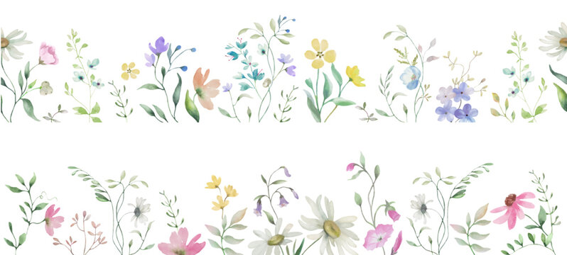 Seamless  floral border set. Hand drawn illustration. Vector EPS.