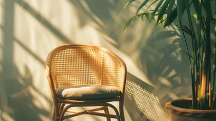 Poster Interior Design. Modern bamboo chair in living room with green plants in sunset light. © Alina Tymofieieva