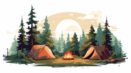 Retro summer camp scene with tents and campfires. f - obrazy, fototapety, plakaty
