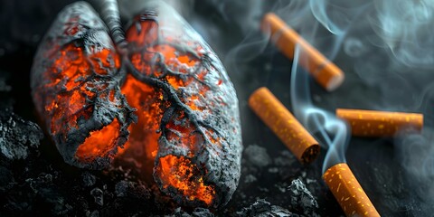 Visible Harmful Effects of Cigarette Toxins on Lung Health. Concept Lung Cancer, Respiratory Diseases, Emphysema, Chronic Bronchitis - obrazy, fototapety, plakaty