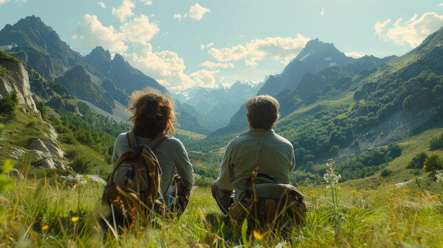 A man and a woman sit closely on a grassy trail, gazing toward a breathtaking mountain landscape under a clear sky