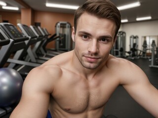 Fototapeta premium Young athletic man takes selfies in gym