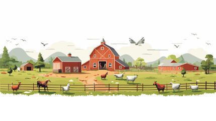 Rustic farm scene with barns fields and farm animal - obrazy, fototapety, plakaty