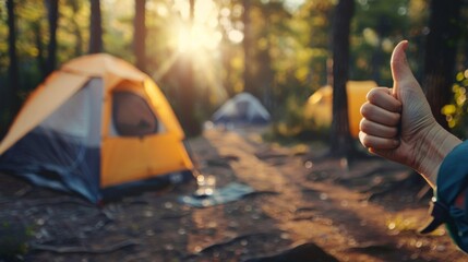 Thumbs up sign. Woman's hand shows like gesture. Camping background