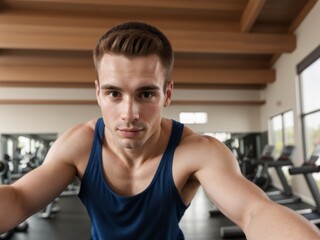 Fototapeta premium Young athletic man takes selfies in gym