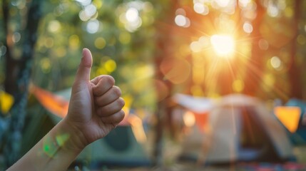 Fototapeta premium Thumbs up sign. Woman's hand shows like gesture. Camping background