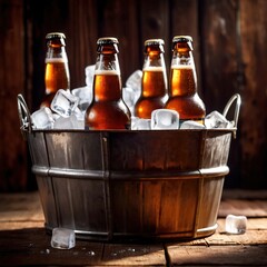 Metal bucket with cold bottles of beer and ice - 760962873