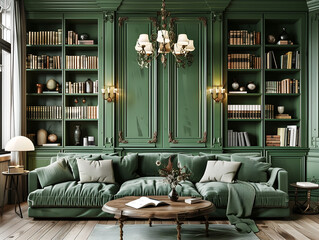 Modern interior design of the living room, with a sofa and coffee table in front of bookshelves. The walls feature green cabinets - obrazy, fototapety, plakaty